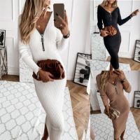 Women's Sweater Dress Casual Elegant V Neck Long Sleeve Solid Color Midi Dress Daily Street main image 1
