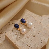 1 Pair Elegant Geometric Plating Inlay Freshwater Pearl Copper Natural Stone 18k Gold Plated Drop Earrings main image 3
