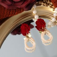 1 Pair Sweet Flower Artificial Crystal Artificial Pearl Copper Drop Earrings sku image 1