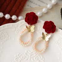 1 Pair Sweet Flower Artificial Crystal Artificial Pearl Copper Drop Earrings main image 3