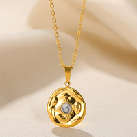 Wholesale Retro Simple Style Round Stainless Steel Plating Inlay 18k Gold Plated Turquoise Pendant Necklace sku image 2