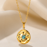 Wholesale Retro Simple Style Round Stainless Steel Plating Inlay 18k Gold Plated Turquoise Pendant Necklace sku image 1