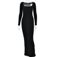 Women's Bodycon Dress Sexy Square Neck Long Sleeve Solid Color Maxi Long Dress Daily sku image 4