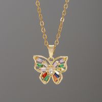 Lady Butterfly Titanium Steel Copper Plating Inlay Artificial Gemstones 18k Gold Plated Pendant Necklace sku image 3