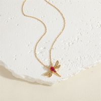 Simple Style Classic Style Moon Dragonfly Copper Enamel Plating Inlay Zircon 14k Gold Plated Pendant Necklace sku image 6