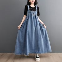 Women's Denim Dress Casual Strap Pocket Sleeveless Solid Color Maxi Long Dress Daily sku image 1