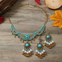 Retro Tropical Round Alloy Tassel Plating Inlay Turquoise Gold Plated Women's Jewelry Set sku image 1
