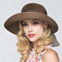 Women's Basic Solid Color Bowknot Crimping Straw Hat sku image 4