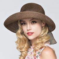 Women's Basic Solid Color Bowknot Crimping Straw Hat main image 1