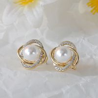 1 Pair Elegant Classic Style Round Plating Sterling Silver Artificial Pearls Zircon Ear Studs main image 4