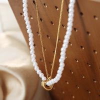 Wholesale Casual Elegant Simple Style Heart Shape Freshwater Pearl Titanium Steel Beaded Plating 18k Gold Plated Double Layer Necklaces main image 5