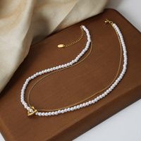 Wholesale Casual Elegant Simple Style Heart Shape Freshwater Pearl Titanium Steel Beaded Plating 18k Gold Plated Double Layer Necklaces main image 6