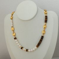 Wholesale Vintage Style Color Block Freshwater Pearl Tiger Eye Titanium Steel Beaded Patchwork Plating 18k Gold Plated Jewelry Set sku image 2