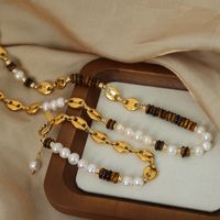 Wholesale Vintage Style Color Block Freshwater Pearl Tiger Eye Titanium Steel Beaded Patchwork Plating 18k Gold Plated Jewelry Set main image 1