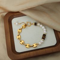 Wholesale Vintage Style Color Block Freshwater Pearl Tiger Eye Titanium Steel Beaded Patchwork Plating 18k Gold Plated Jewelry Set sku image 1