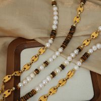 Wholesale Vintage Style Color Block Freshwater Pearl Tiger Eye Titanium Steel Beaded Patchwork Plating 18k Gold Plated Jewelry Set main image 5