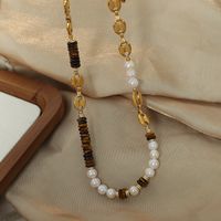 Wholesale Vintage Style Color Block Freshwater Pearl Tiger Eye Titanium Steel Beaded Patchwork Plating 18k Gold Plated Jewelry Set main image 7