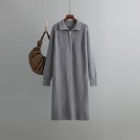 Women's Sweater Dress Casual Simple Style Turndown Zipper Long Sleeve Solid Color Knee-length Daily main image 2