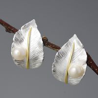 1 Pair Vintage Style Leaves Plating Inlay Sterling Silver Artificial Pearls Ear Studs sku image 2