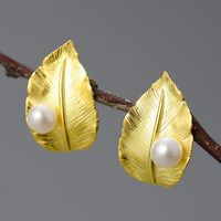 1 Pair Vintage Style Leaves Plating Inlay Sterling Silver Artificial Pearls Ear Studs main image 1