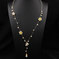 Elegant Flower Freshwater Pearl Brass Beaded Sweater Chain sku image 1