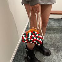Women's  Plush Color Block Cute Vacation Beach Pearls Square Clasp Frame Shoulder Bag Jelly Bag Dome Bag sku image 2