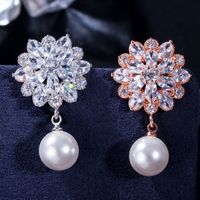 1 Pair Simple Style Solid Color Snowflake Plating Inlay Copper Artificial Pearls Zircon Rhodium Plated Silver Plated Drop Earrings main image 7