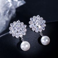 1 Pair Simple Style Solid Color Snowflake Plating Inlay Copper Artificial Pearls Zircon Rhodium Plated Silver Plated Drop Earrings main image 6