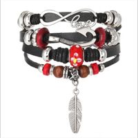 Casual Handmade Feather Pu Leather Alloy Wooden Beads Beaded Knitting Men's Drawstring Bracelets sku image 1