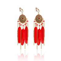 Vintage Oval Compass Oil Drops Long Feather Chain Tassel Rice Beads Earrings sku image 11