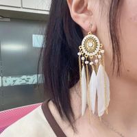 Vintage Oval Compass Oil Drops Long Feather Chain Tassel Rice Beads Earrings sku image 10