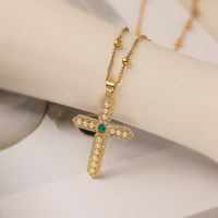 Roman Style Commute Cross Copper Plating Inlay Pearl Zircon 18k Gold Plated Pendant Necklace sku image 4