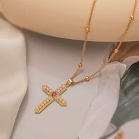 Roman Style Commute Cross Copper Plating Inlay Pearl Zircon 18k Gold Plated Pendant Necklace sku image 3