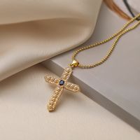 Roman Style Commute Cross Copper Plating Inlay Pearl Zircon 18k Gold Plated Pendant Necklace sku image 1