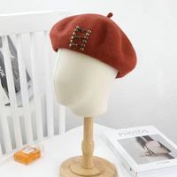 Women's Basic Retro British Style Solid Color Metal Button Eaveless Beret Hat sku image 4