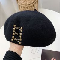 Women's Basic Retro British Style Solid Color Metal Button Eaveless Beret Hat main image 1