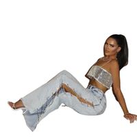 Women's Daily Street Streetwear Solid Color Full Length Ripped Hollow Out Diamond Jeans main image 3
