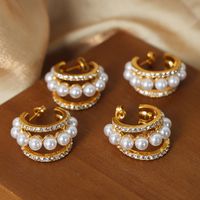 1 Paar Einfacher Stil Einfarbig Überzug Inlay Künstliche Perle Titan Stahl Künstliche Perlen Künstlicher Diamant 18 Karat Vergoldet Reif Ohrringe main image 7