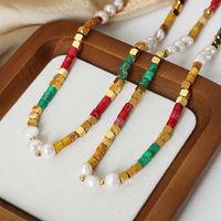 Vintage Style Color Block Natural Stone Freshwater Pearl Titanium Steel 18k Gold Plated Necklace In Bulk main image 1