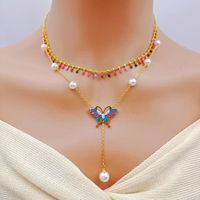 304 Stainless Steel 18K Gold Plated Vintage Style Plating Butterfly Glass Stone Pendant Necklace main image 1