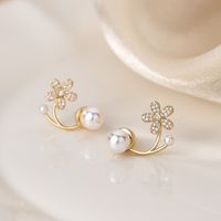 1 Pair Elegant Lady Shiny Petal Plating Inlay Sterling Silver Artificial Pearls Zircon Silver Plated Ear Studs main image 2