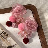 1 Pair Sweet Flower Hairball Gauze Drop Earrings main image 3