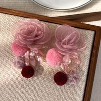 1 Pair Sweet Flower Hairball Gauze Drop Earrings main image 2