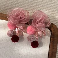 1 Pair Sweet Flower Hairball Gauze Drop Earrings sku image 1