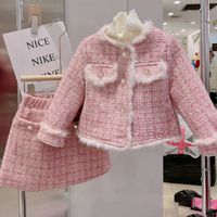 Cute Simple Style Plaid Pocket Button Cotton Girls Clothing Sets sku image 1