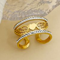 304 Stainless Steel 14K Gold Plated Elegant Plating Inlay Heart Shape Wings Zircon Open Rings sku image 1