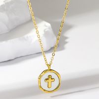 Wholesale Vintage Style Cross Stainless Steel Plating Inlay 18k Gold Plated Shell Pendant Necklace main image 6