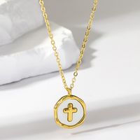 Wholesale Vintage Style Cross Stainless Steel Plating Inlay 18k Gold Plated Shell Pendant Necklace main image 3