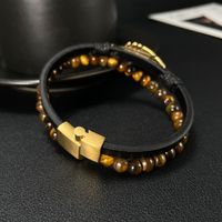 Vintage Style Feather Stainless Steel Pu Leather Tiger Eye Tiger Eye Men's Bracelets main image 4