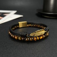 Vintage Style Feather Stainless Steel Pu Leather Tiger Eye Tiger Eye Men's Bracelets main image 2